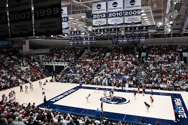 Penn State's Camryn Hannah, bottom left, serves to Nebraska during a Big Ten volleyball match at Rec Hall on Friday, Nov. 29.