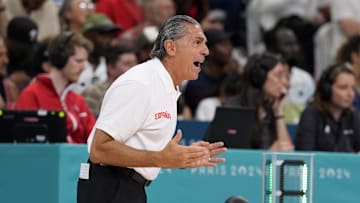 Aug 2, 2024; Villeneuve-d'Ascq, France; Spain head coach Sergio Scariolo looks on in the first half against Canada in a men’s group A basketball game during the Paris 2024 Olympic Summer Games at Stade Pierre-Mauroy. Mandatory Credit: John David Mercer-Imagn Images