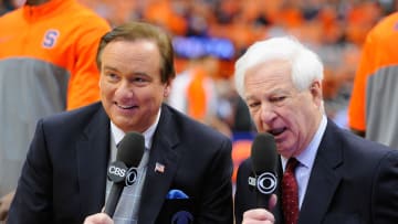 Dec 28, 2013; Syracuse, NY, USA; CBS broadcasters Tim Brando (left) and Bill Raftery (right) prior to the game between the Villanova Wildcats and the Syracuse Orange at the Carrier Dome.  Syracuse defeated Villanova 78-62.  Mandatory Credit: Rich Barnes-USA TODAY Sports