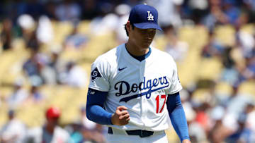 Aug 6, 2025; Los Angeles, California, USA;  Los Angeles Dodgers two-way player Shohei Ohtani (17) reacts after pitching in the fourth inning against the St. Louis Cardinals at Dodger Stadium. Mandatory Credit: Kiyoshi Mio-Imagn Images