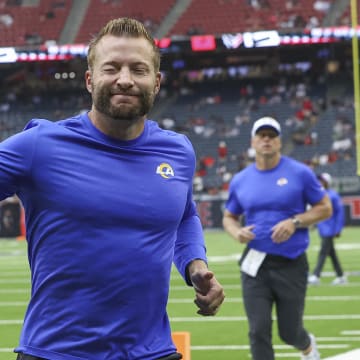 Aug 24, 2024; Houston, Texas, USA; Los Angeles Rams head coach Sean McVay gives a thumbs up to fans before the game against the Houston Texans at NRG Stadium. Mandatory Credit: Troy Taormina-USA TODAY Sports