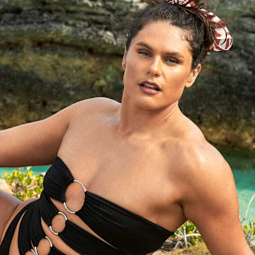 Ilona Maher was photographed by Ben Watts in Bermuda. Swimsuit by netta. Scarf by MANGO.