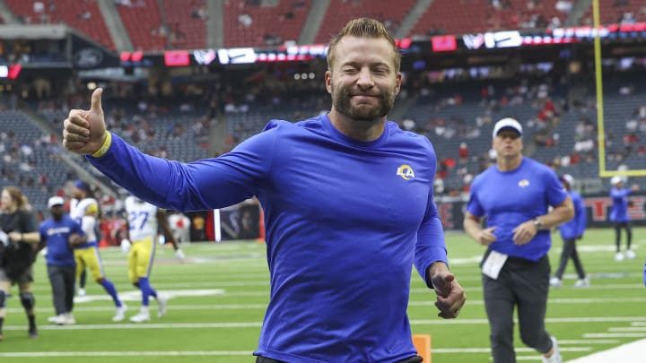 Aug 24, 2024; Houston, Texas, USA; Los Angeles Rams head coach Sean McVay gives a thumbs up to fans before the game against the Houston Texans at NRG Stadium. Mandatory Credit: Troy Taormina-USA TODAY Sports