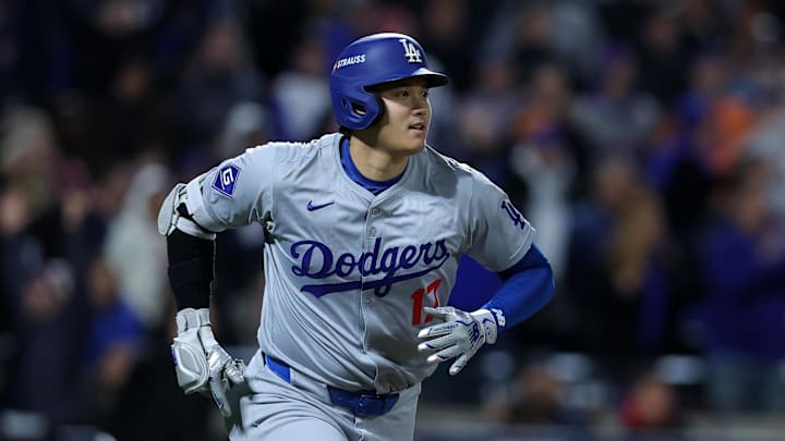 Los Angeles Dodgers two-way player Shohei Ohtani reacts after hitting a home run against the New York Mets on Oct 17, 2024.