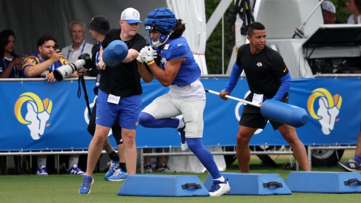 Aug 1, 2024; Los Angeles, CA, USA;  Los Angeles Rams wide receiver Puka Nacua (17) participates in drills during training camp at Loyola Marymount University. Mandatory Credit: Kiyoshi Mio-USA TODAY Sports