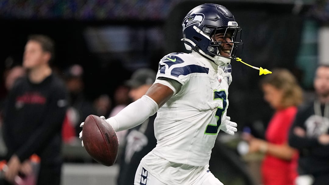 Seattle Seahawks safety Nick Emmanwori celebrates an interception against the Atlanta Falcons during the second half of an NFL football game, Sunday, Dec. 7, 2025, in Atlanta. Seattle Seahawks safety Nick Emmanwori celebrates an interception against the Atlanta Falcons during the second half of an NFL football game, Sunday, Dec. 7, 2025, in Atlanta.