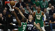 Boston Celtics guard Jaylen Brown (7) goes to the basket past Orlando Magic forward Franz Wagner (22) during the first quarter of game two of the first round of the 2024 NBA Playoffs at TD Garden.