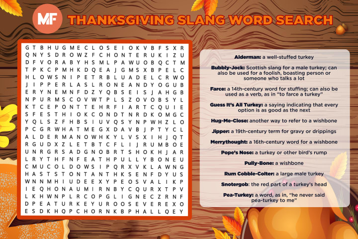 Thanksgiving word search and word definitions on an illustration of a Thanksgiving dinner