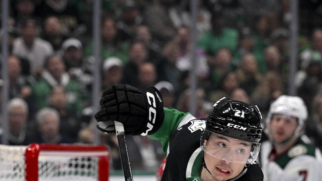 Apr 28, 2026; Dallas, Texas, USA; Dallas Stars left wing Jason Robertson (21) skates against the Minnesota Wild in game five of the first round of the 2026 Stanley Cup Playoffs at American Airlines Center. Mandatory Credit: Jerome Miron-Imagn Images Apr 28, 2026; Dallas, Texas, USA; Dallas Stars left wing Jason Robertson (21) skates against the Minnesota Wild in game five of the first round of the 2026 Stanley Cup Playoffs at American Airlines Center. Mandatory Credit: Jerome Miron-Imagn Images