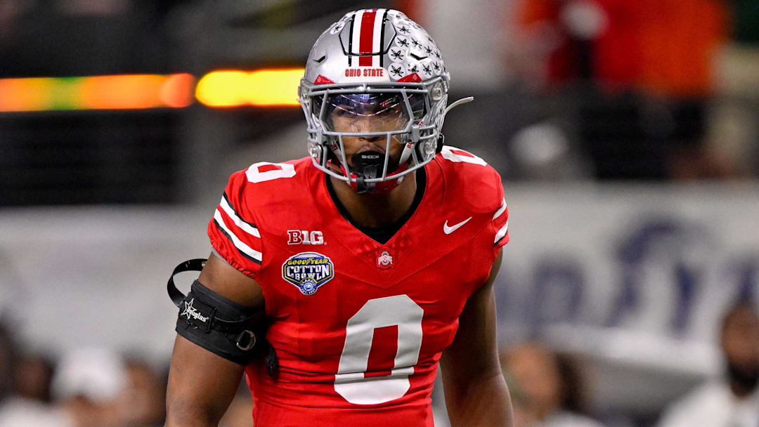 Dec 31, 2025; Arlington, TX, USA; Ohio State Buckeyes linebacker Sonny Styles (0) gets into position during the 2025 Cotton Bowl and quarterfinal game of the College Football Playoff at AT&T Stadium. Mandatory Credit: Jerome Miron-Imagn Images