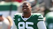 Sep 14, 2025; East Rutherford, New Jersey, USA; New York Jets defensive tackle Quinnen Williams (95) before the game against the Buffalo Bills at MetLife Stadium. Mandatory Credit: Vincent Carchietta-Imagn Images