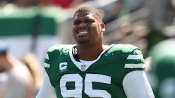 Sep 14, 2025; East Rutherford, New Jersey, USA; New York Jets defensive tackle Quinnen Williams (95) before the game against the Buffalo Bills at MetLife Stadium. Mandatory Credit: Vincent Carchietta-Imagn Images