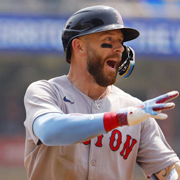 Jul 30, 2025; Minneapolis, Minnesota, USA; Boston Red Sox shortstop Trevor Story (10) celebrates and runs the bases on his solo home run against the Minnesota Twins in the second inning at Target Field. Mandatory Credit: Bruce Kluckhohn-Imagn Images