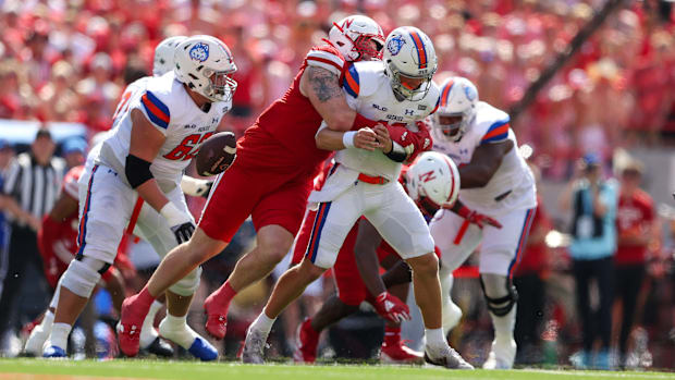Nebraska defensive lineman hits Houston Christian quarterback Jake Weir for the strip sack.