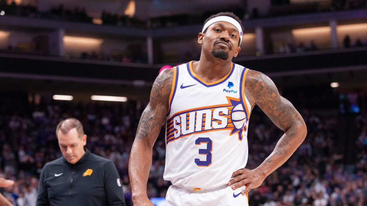 Apr 12, 2024; Sacramento, California, USA; Phoenix Suns guard Bradley Beal (3) reacts to a play
