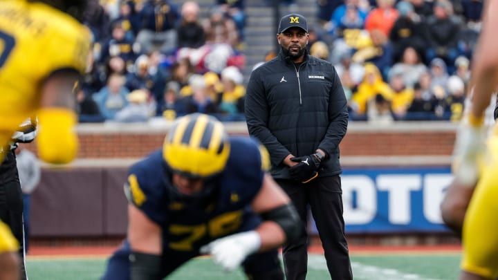 Michigan head coach Sherrone Moore watches a play during the first half of the spring game at Michigan Stadium in Ann Arbor on Saturday, April 20, 2024.