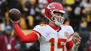 Dec 25, 2024; Pittsburgh, Pennsylvania, USA; Kansas City Chiefs quarterback Patrick Mahomes (15) throws a pass against the Pittsburgh Steelers during the second half at Acrisure Stadium. Mandatory Credit: Barry Reeger-Imagn Images