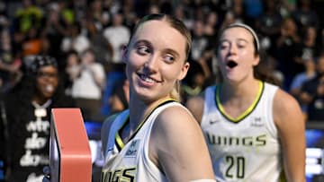 Sep 11, 2025; Arlington, Texas, USA; Dallas Wings guard Paige Bueckers (5) smiles after the game against the Phoenix Mercury at College Park Center. Mandatory Credit: Jerome Miron-Imagn Images