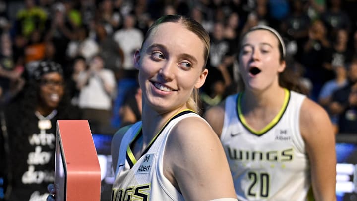 Sep 11, 2025; Arlington, Texas, USA; Dallas Wings guard Paige Bueckers (5) smiles after the game against the Phoenix Mercury at College Park Center. Mandatory Credit: Jerome Miron-Imagn Images