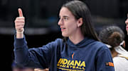 Aug 1, 2025; Dallas, Texas, USA; Indiana Fever guard Caitlin Clark (22) during the game between the Dallas Wings and the Indiana Fever at the American Airlines Center. Mandatory Credit: Jerome Miron-Imagn Images