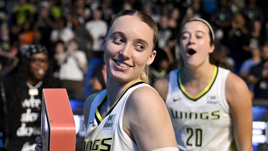 Sep 11, 2025; Arlington, Texas, USA; Dallas Wings guard Paige Bueckers (5) smiles after the game against the Phoenix Mercury at College Park Center. Mandatory Credit: Jerome Miron-Imagn Images Sep 11, 2025; Arlington, Texas, USA; Dallas Wings guard Paige Bueckers (5) smiles after the game against the Phoenix Mercury at College Park Center. Mandatory Credit: Jerome Miron-Imagn Images