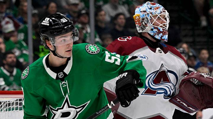 Apr 4, 2026; Dallas, Texas, USA; Dallas Stars center Wyatt Johnston (53) skates past Colorado Avalanche goaltender Scott Wedgewood (41) during the game between the Stars and the Avalanche at American Airlines Center. Mandatory Credit: Jerome Miron-Imagn Images