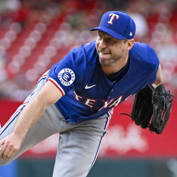 Jul 30, 2024; St. Louis, Missouri, USA;  Texas Rangers starting pitcher Max Scherzer (31) pitches against the St. Louis Cardinals during the first inning at Busch Stadium. Mandatory Credit: Jeff Curry-USA TODAY Sports