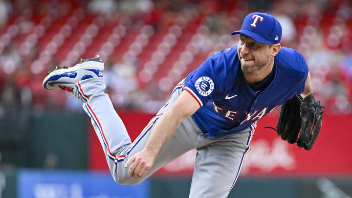 Jul 30, 2024; St. Louis, Missouri, USA;  Texas Rangers starting pitcher Max Scherzer (31) pitches against the St. Louis Cardinals during the first inning at Busch Stadium. Mandatory Credit: Jeff Curry-USA TODAY Sports