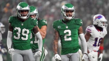 Philadelphia Eagles cornerback Eli Ricks (39) and cornerback Darius Slay (2) 