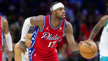 Mar 1, 2024; Philadelphia, Pennsylvania, USA; Philadelphia 76ers guard Buddy Hield (17) dribbles the ball against the Charlotte Hornets during the second quarter at Wells Fargo Center.