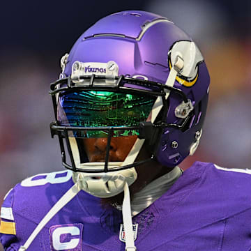 Sep 15, 2024; Minneapolis, Minnesota, USA; Minnesota Vikings wide receiver Justin Jefferson (18) warms up before the game against the San Francisco 49ers at U.S. Bank Stadium. Mandatory Credit: Jeffrey Becker-Imagn Images