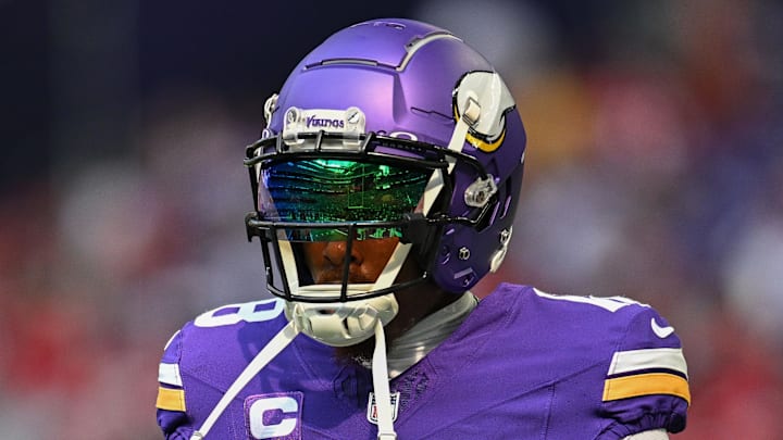 Sep 15, 2024; Minneapolis, Minnesota, USA; Minnesota Vikings wide receiver Justin Jefferson (18) warms up before the game against the San Francisco 49ers at U.S. Bank Stadium. Mandatory Credit: Jeffrey Becker-Imagn Images