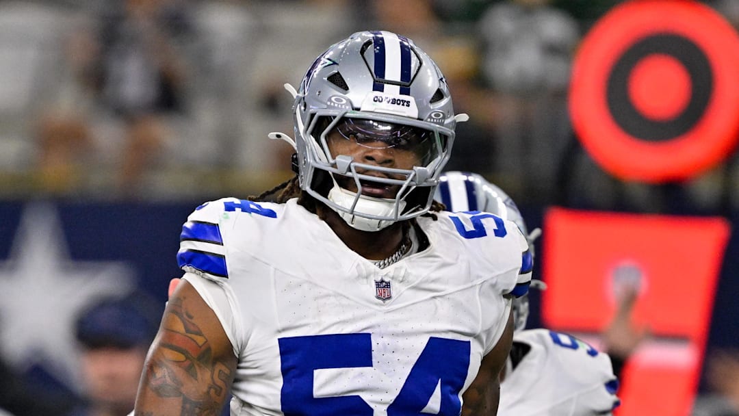 Sep 28, 2025; Arlington, Texas, USA; Dallas Cowboys defensive end Sam Williams (54) looks on during the game between the Dallas Cowboys and the Green Bay Packers at AT&T Stadium. Mandatory Credit: Jerome Miron-Imagn Images