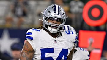 Sep 28, 2025; Arlington, Texas, USA; Dallas Cowboys defensive end Sam Williams (54) looks on during the game between the Dallas Cowboys and the Green Bay Packers at AT&T Stadium. Mandatory Credit: Jerome Miron-Imagn Images