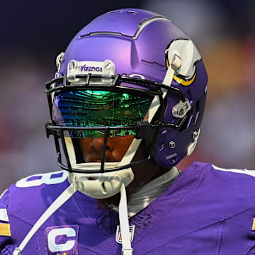 Sep 15, 2024; Minneapolis, Minnesota, USA; Minnesota Vikings wide receiver Justin Jefferson (18) warms up before the game against the San Francisco 49ers at U.S. Bank Stadium.