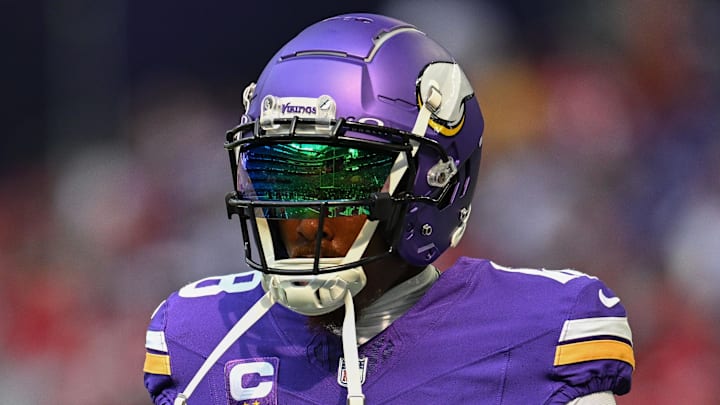 Sep 15, 2024; Minneapolis, Minnesota, USA; Minnesota Vikings wide receiver Justin Jefferson (18) warms up before the game against the San Francisco 49ers at U.S. Bank Stadium.