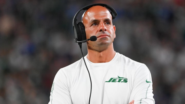 Aug 24, 2024; East Rutherford, New Jersey, USA; New York Jets head coach Robert Saleh looks on against the New York Giants during the first half at MetLife Stadium. 