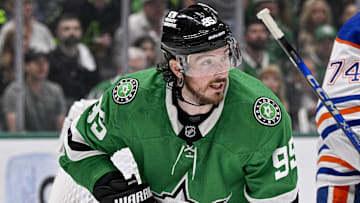 May 29, 2025; Dallas, Texas, USA; Dallas Stars center Matt Duchene (95) in action during the game between the Dallas Stars and the Edmonton Oilers in game five of the Western Conference Final of the 2025 Stanley Cup Playoffs at American Airlines Center. Mandatory Credit: Jerome Miron-Imagn Images