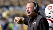 Sep 14, 2024; Ann Arbor, Michigan, USA;  Arkansas State Red Wolves head coach Butch Jones reacts on the sideline during the second half against the Michigan Wolverines at Michigan Stadium. Mandatory Credit: Rick Osentoski-Imagn Images