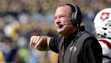 Sep 14, 2024; Ann Arbor, Michigan, USA;  Arkansas State Red Wolves head coach Butch Jones reacts on the sideline during the second half against the Michigan Wolverines at Michigan Stadium. Mandatory Credit: Rick Osentoski-Imagn Images