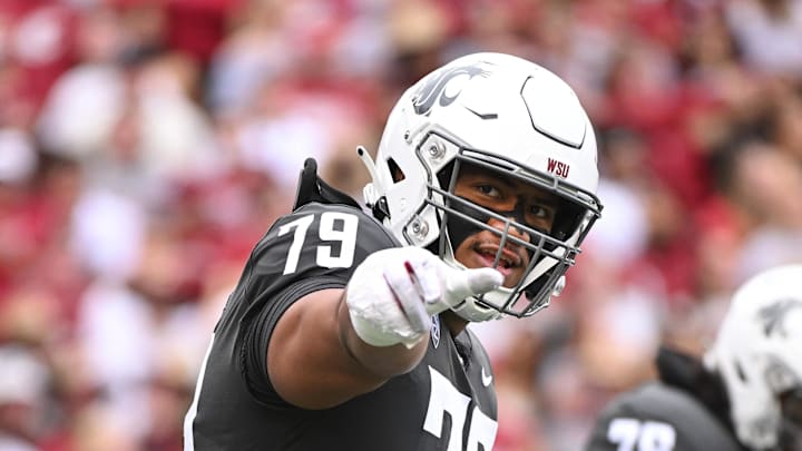 Sep 23, 2023; Pullman, Washington, USA; Washington State Cougars offensive lineman Fa'alili Fa'amoe (79) against the Oregon State Beavers in the first half at Gesa Field at Martin Stadium. Mandatory Credit: James Snook-Imagn Images