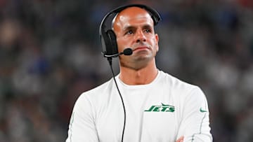 Aug 24, 2024; East Rutherford, New Jersey, USA; New York Jets head coach Robert Saleh looks on against the New York Giants during the first half at MetLife Stadium