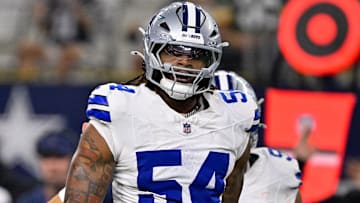 Sep 28, 2025; Arlington, Texas, USA; Dallas Cowboys defensive end Sam Williams (54) looks on during the game between the Dallas Cowboys and the Green Bay Packers at AT&T Stadium.