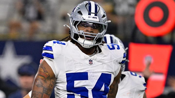 Sep 28, 2025; Arlington, Texas, USA; Dallas Cowboys defensive end Sam Williams (54) looks on during the game between the Dallas Cowboys and the Green Bay Packers at AT&T Stadium.
