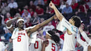 Feb 5, 2025; Athens, Georgia, USA; Georgia Bulldogs center Somto Cyril (6) and forward Asa Newell (14) react during the game against the LSU Tigers during the second half at Stegeman Coliseum. Mandatory Credit: Dale Zanine-Imagn Images