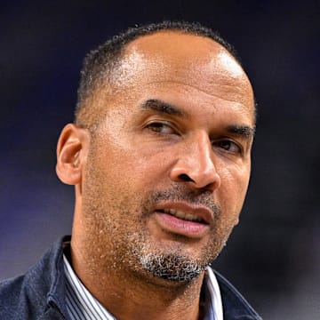 Oct 6, 2025; Fort Worth, Texas, USA; Dallas Mavericks manager Nico Harrison looks on before the game between the Dallas Mavericks and the Oklahoma City Thunder at Dickie's Arena. Mandatory Credit: Jerome Miron-Imagn Images