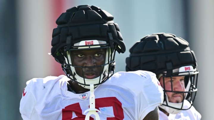 TAMPA, FLORIDA - JULY 29: Chris Braswell #43 of the Tampa Bay Buccaneers looks on during training camp at AdventHealth Training Center on July 29, 2024 in Tampa, Florida. (Photo by Julio Aguilar/Getty Images)