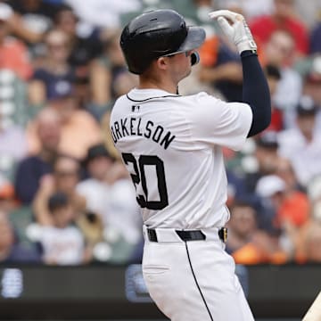 Aug 29, 2024; Detroit, Michigan, USA;  Detroit Tigers first base Spencer Torkelson reacts after striking out.