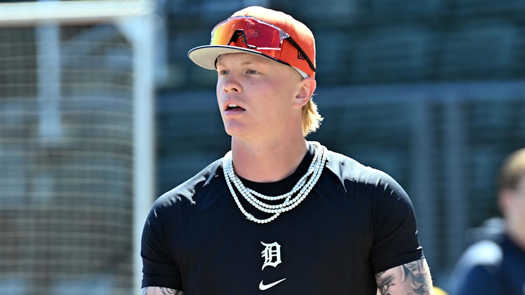 Feb 24, 2026; North Port, Florida, USA; Detroit Tigers left fielder Max Clark (84) exits the batting cage before the game against the Atlanta Braves during spring training at CoolToday Park. Mandatory Credit: Jonathan Dyer-Imagn Images