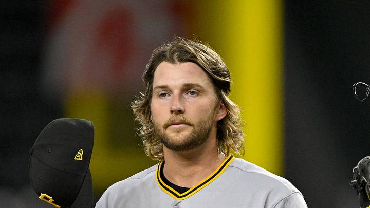 Apr 21, 2026; Arlington, Texas, USA; Pittsburgh Pirates starting pitcher Carmen Mlodzinski (50) looks on during the game between the Rangers and the Pirates at Globe Life Field. Mandatory Credit: Jerome Miron-Imagn Images
